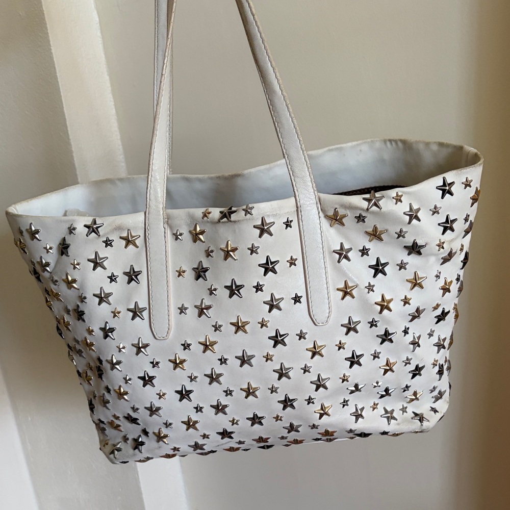 Jimmy Choo White Leather Gold, Silver, Gunmetal Star Studded Tote Bag - Picture 3 of 15